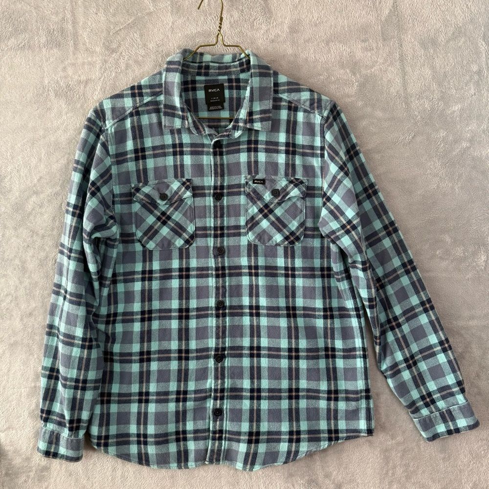 RVCA Flannel Shirt Mens L Teal Navy Plaid Cotton Surf Grunge Skater